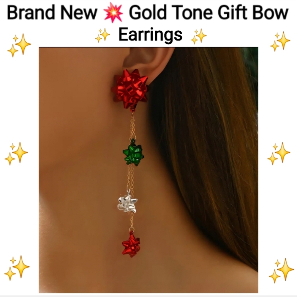 Elegant Holiday Gold Tone Gift Bow Earrings
